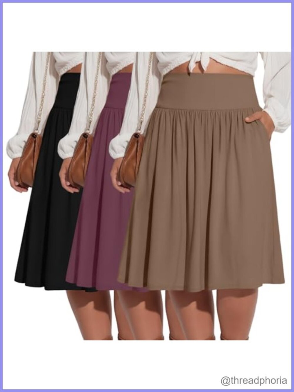 Plus Size Midi Skirt 3 Pack A-Line Flared Pleated Pockets